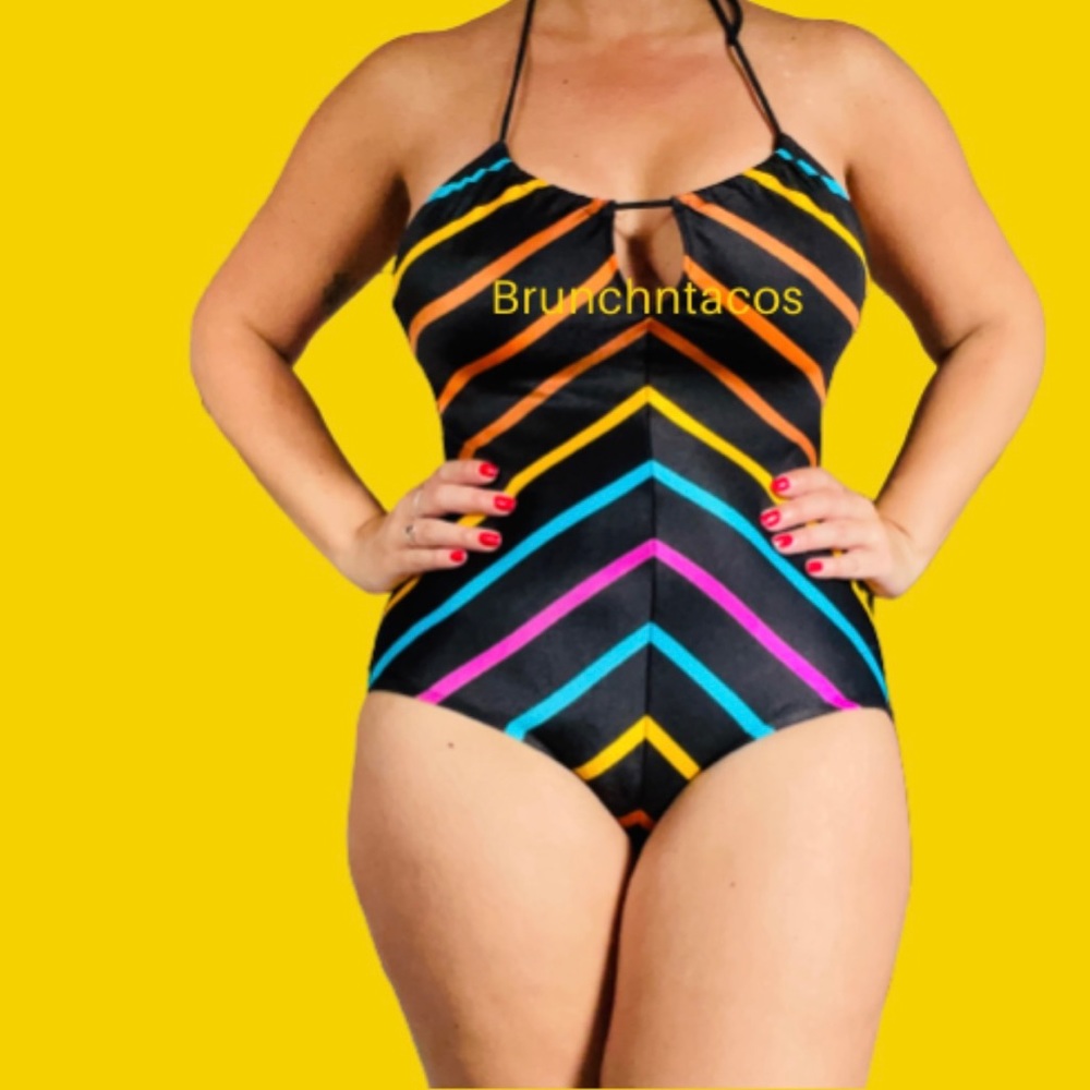 Vintage, union made multicolored stripe one piece swimsuit by Avon Fashions